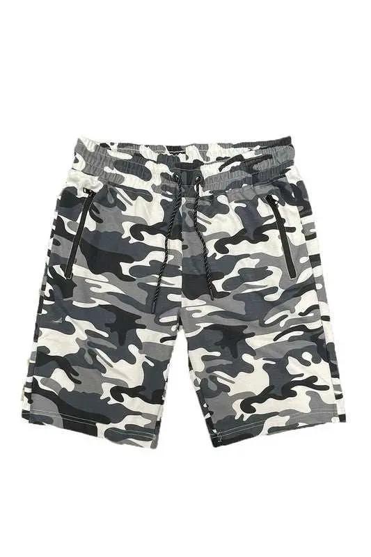 Cotton blend lounge sweat shorts with elastic waist, drawstring, zipper pockets, and camo pattern.