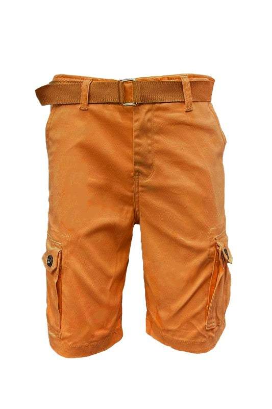 Weiv Mens Belted Cargo Shorts with Side Pockets and Belt in Orange.