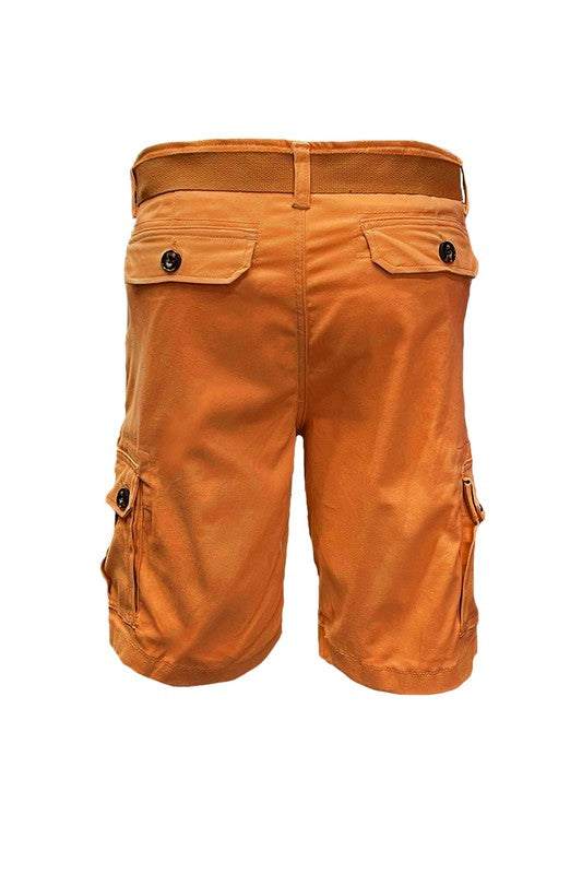 Weiv Mens Belted Cargo Shorts with buckle closure belt and side pockets.