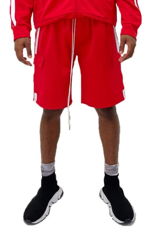 Red Two Stripe Cargo Pouch Shorts with drawstring and side pockets.