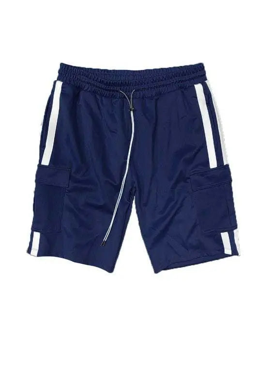 Two Stripe Cargo pouch shorts with elastic waist and side cargo pockets.