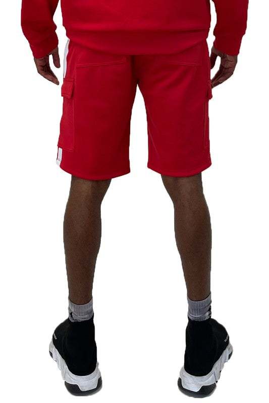 Two Stripe Cargo Pouch Shorts with elastic waist and drawstring, featuring side cargo and back pockets, in red.