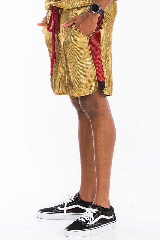 Metallic Flick Shorts with elastic waist and side metallic stripe.