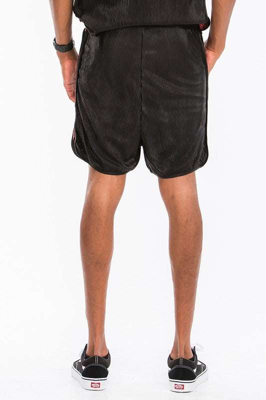 Metallic Flick Shorts with elastic waist, colored drawstring, and side metallic stripe.