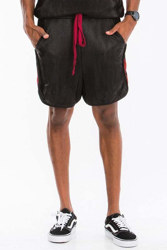 Metallic Flick Shorts with colored drawstring and side metallic stripe.