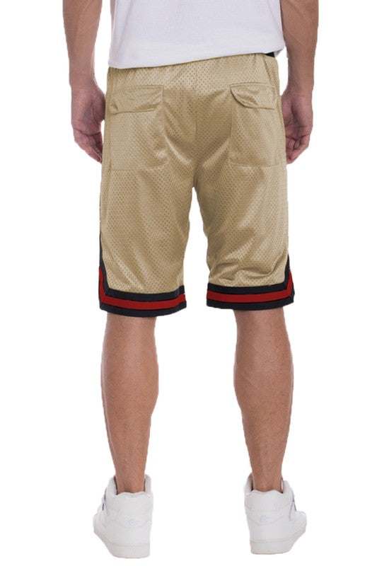 Striped band solid basketball shorts with mesh fabric and elastic waistband.
