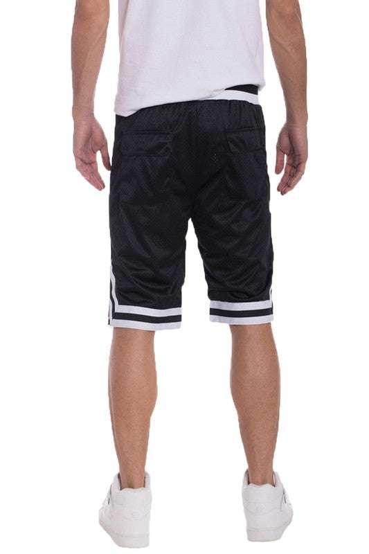 Striped band solid basketball shorts with side zippered pockets and elastic waistband.