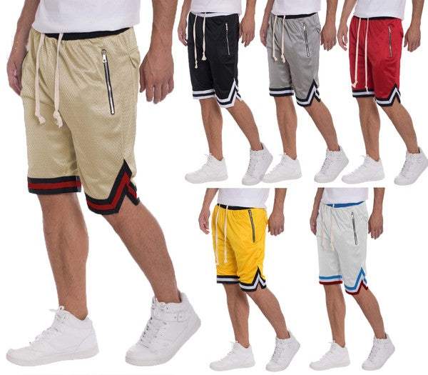 Striped band solid basketball shorts with elastic waistband and zippered pockets in various colors.