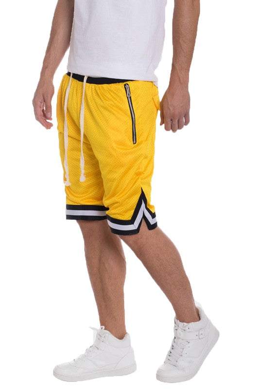 Striped band solid basketball shorts with drawstring and side zippered pockets.