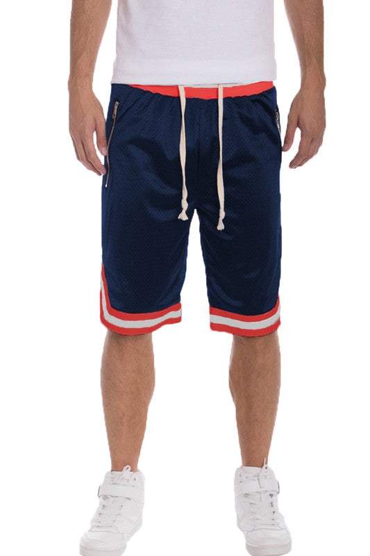 Striped band basketball shorts with elastic waistband and side zippered pockets.