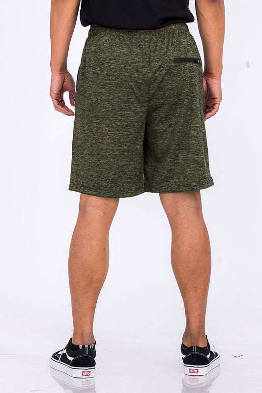 Weiv Marbled Active Running Shorts with elastic waist and zippered pockets.