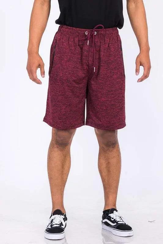 Weiv Marbled Active Running Shorts with elastic waist, drawstring, and zippered pockets.