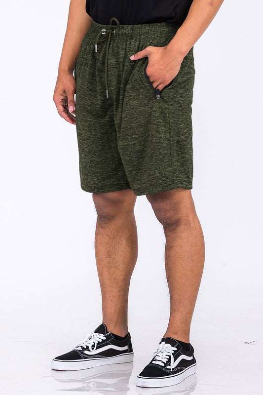 Weiv Marbled Active Running Shorts with elastic waist and zippered pockets.