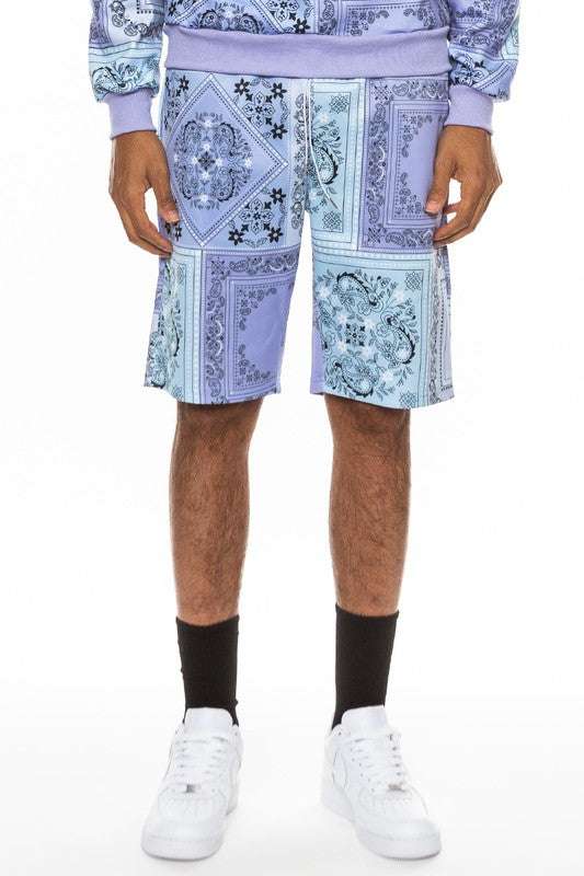 Mens paisley bandana print shorts with elastic waist and drawstring.