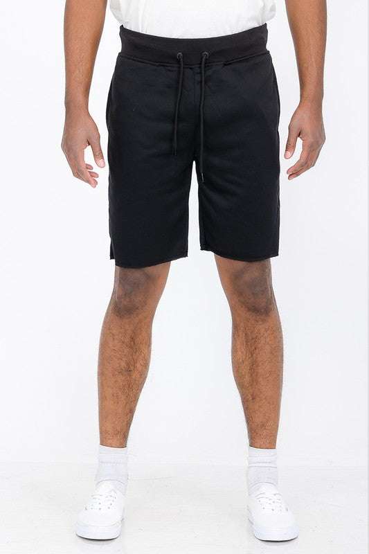 WeRaw Cut Sweat Shorts, black, above-knee length, elastic waist with drawstring.