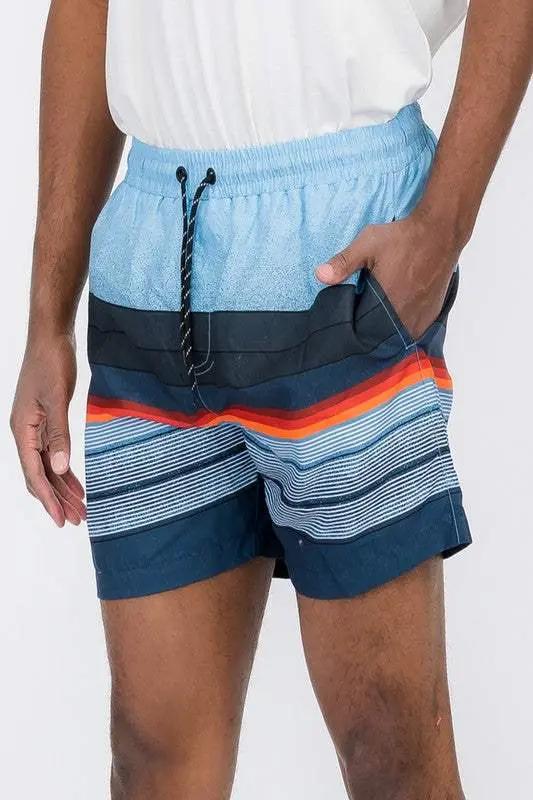 MENLL Blue Stripe Swim Trunks Men's Beachwear Board Shorts Quick Dry by MENLL
