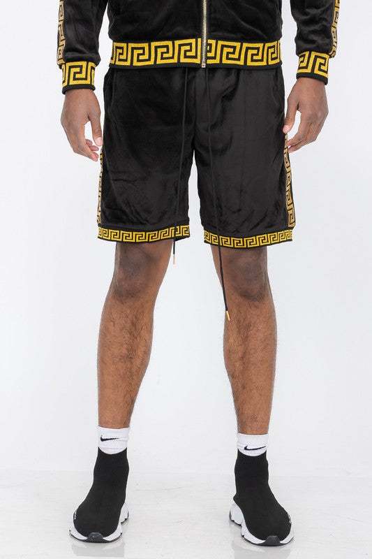 Status Print Velour Suede Shorts with Greek Key Design