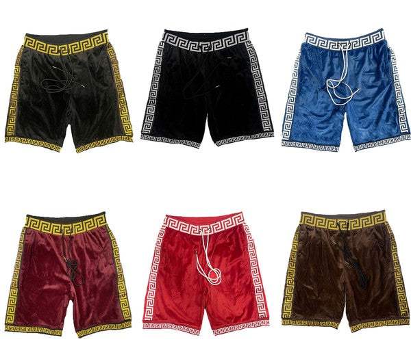Status Print Velour Suede Shorts with elastic waistband and drawstring, available in multiple colors.