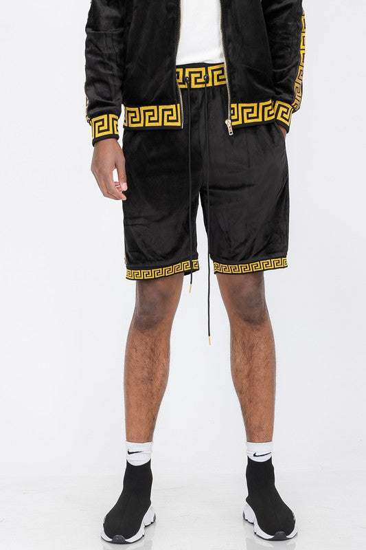 Status Print Velour Suede Shorts with elastic waist and drawstring.