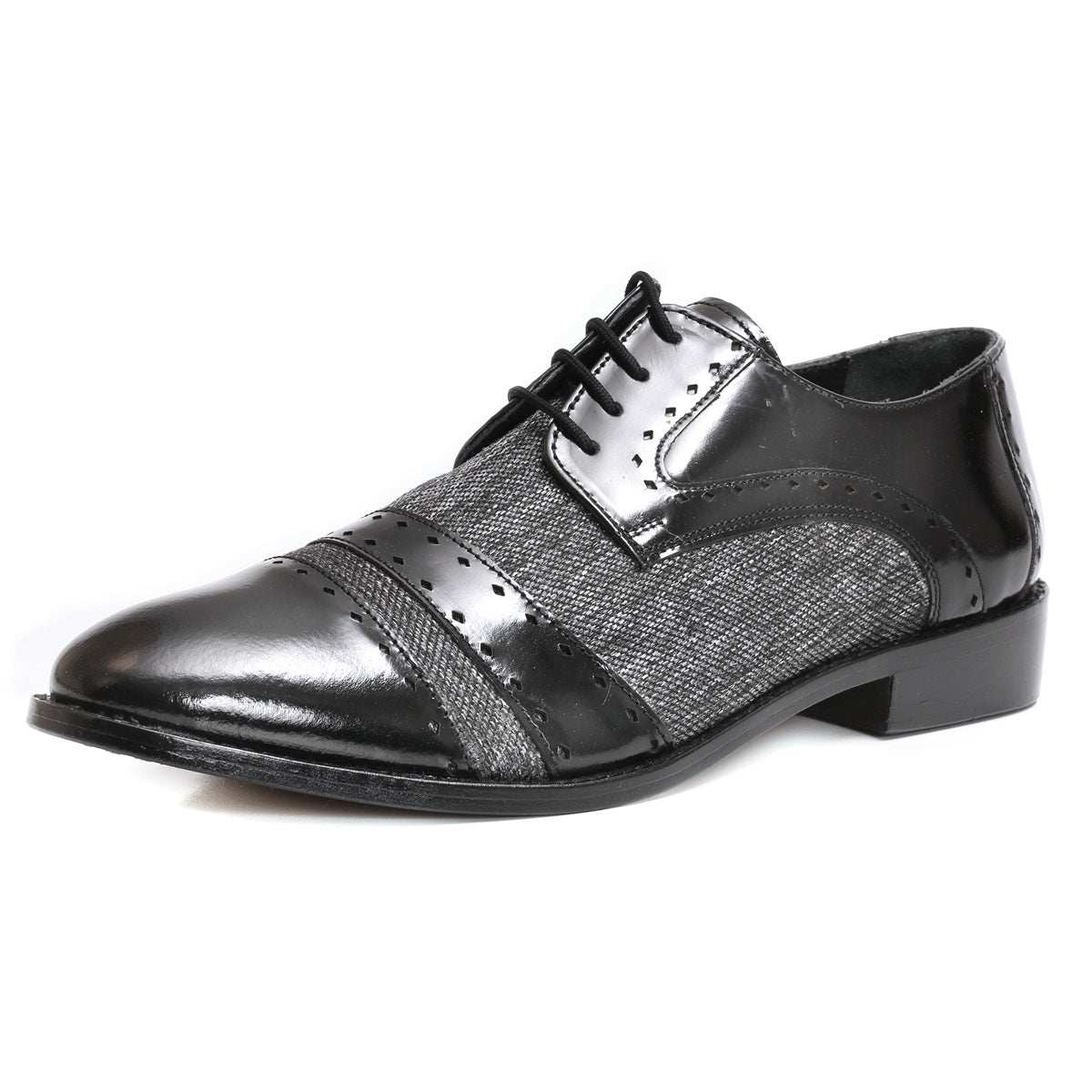 Yuma Leather Textile Derby Style Dress Shoes with genuine leather and brogue lace-up design.