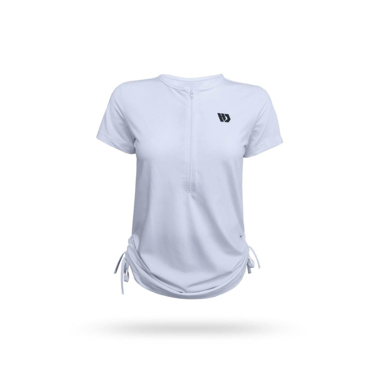 Women's zippered T-shirt in white with decorative side ropes, made of 95% polyester and 5% spandex.