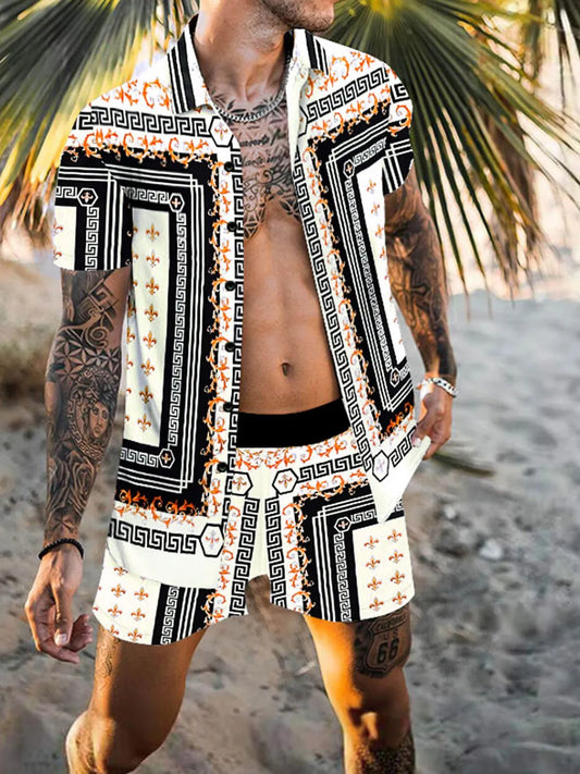 Men's full size printed collared short sleeve top and shorts set, beach style.