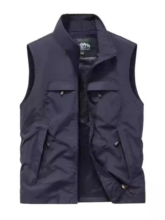 Men's plus size zip up vest in navy blue, made from 100% polyester with slightly stretchy material.