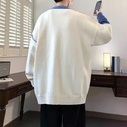 Ins Colorblock Pullover Sweater Winter Fashion Long Sleeve Knitted Top Men's Clothing MENLL