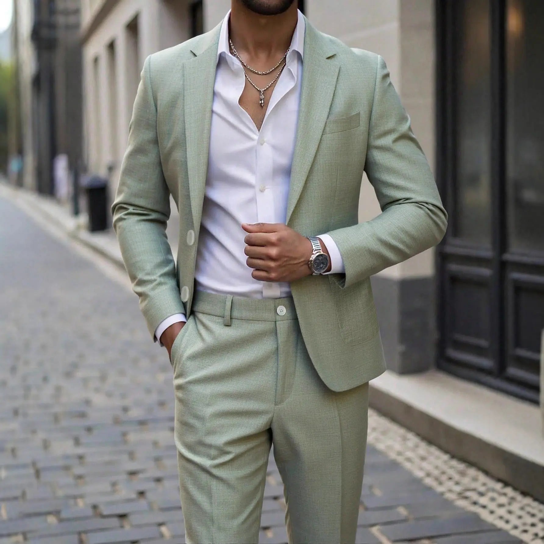 Green Mens Solid Polyester Business Suit Set Slim Fit Single Breasted Blazer and Trousers - MENLL