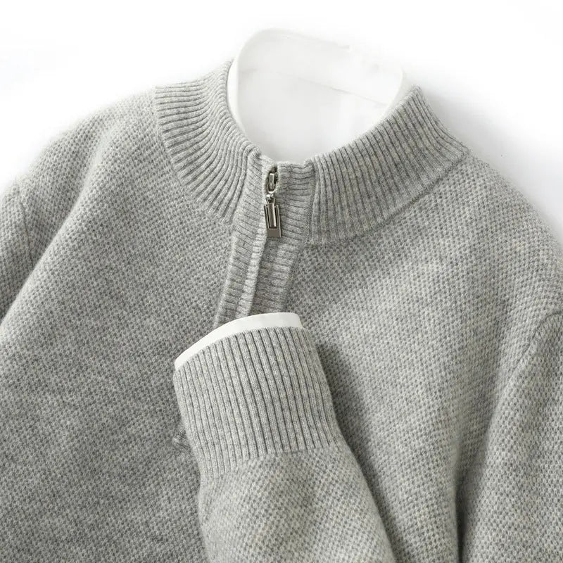 Mens Honeycomb Knit Zip Up Sweater Mid Length Thickened Warmth For Middle Aged Men Casual Wear - MENLL