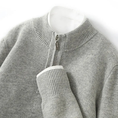 Mens Honeycomb Knit Zip Up Sweater Mid Length Thickened Warmth For Middle Aged Men Casual Wear - MENLL