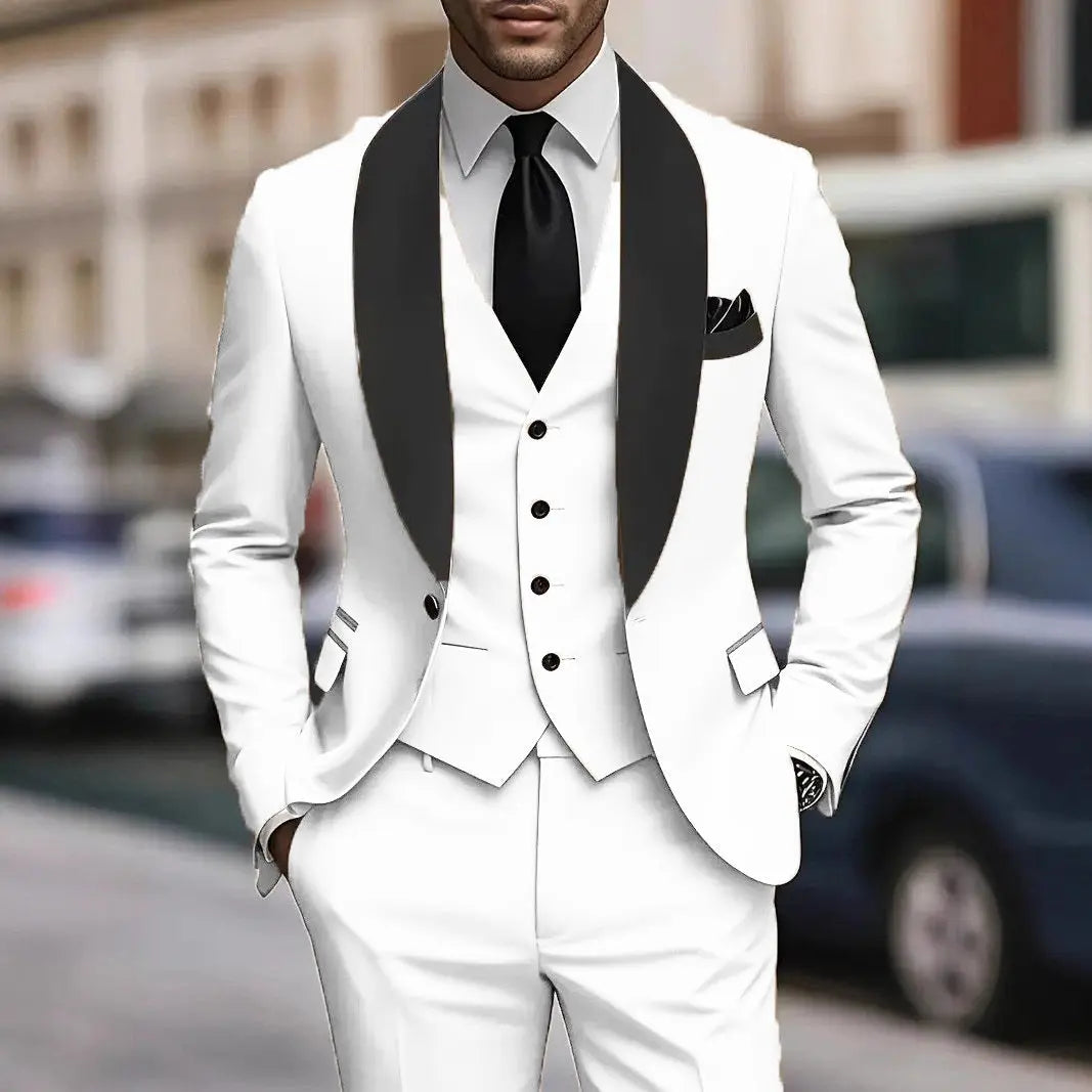 Mens Three Piece Suit Slim Fit Korean Style For Business Casual Polyester Black Navy Gray White - MENLL