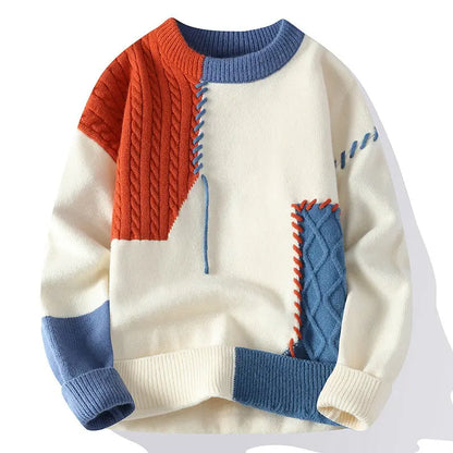 Ins Colorblock Pullover Sweater Winter Fashion Long Sleeve Knitted Top Men's Clothing MENLL