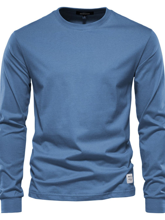 Men's full-size round neck long sleeve blue t-shirt, slightly stretchy, 100% cotton.