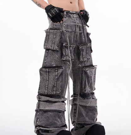 Grey Distressed Denim Cargo Overalls, Rope Stitching Mop Pants, Streetwear Utility Workwear - MENLL