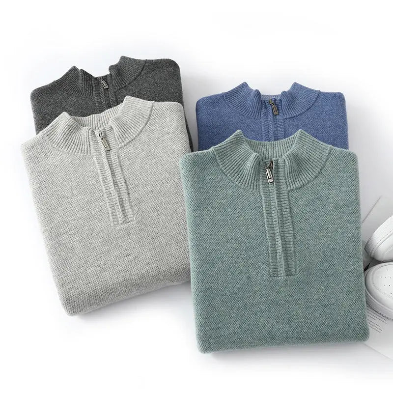 Mens Honeycomb Knit Zip Up Sweater Mid Length Thickened Warmth For Middle Aged Men Casual Wear - MENLL
