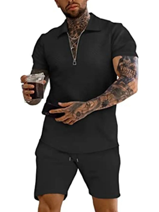 Men's full size textured collared neck short sleeve top and shorts set.