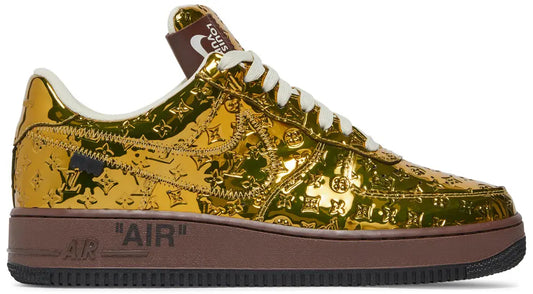 Louis Vuitton x Air Force 1 Low 'Metallic Gold' sneakers with gold-coated canvas and debossed Monogram print.