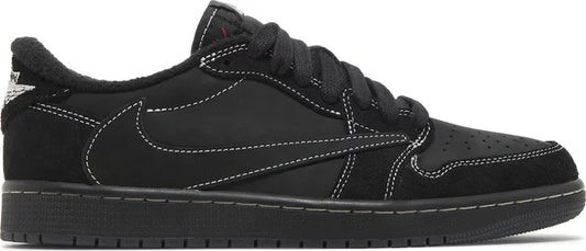 Travis Scott x Air Jordan 1 Retro Low OG 'Black Phantom' kids shoe in black nubuck with reverse Swoosh and white stitching.