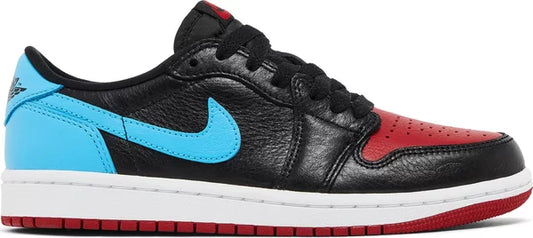 Wmns Air Jordan 1 Retro Low OG 'NC to Chi' sneaker, black, blue, and red colorway.