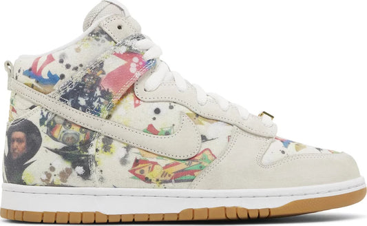 Supreme x Dunk High SB 'Rammellzee' sneakers in white with multi-color design, featuring Nike SB detailing and premium leather construction.