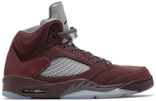 Air Jordan 5 Retro SE ‘Burgundy’ 2023 sneaker with deep burgundy suede upper and reflective silver tongue.