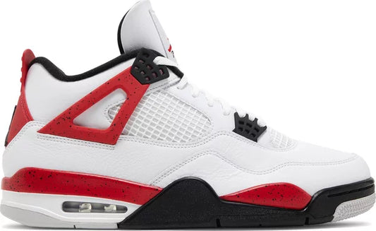 Air Jordan 4 Retro 'Red Cement' sneakers with white leather, red and black accents, and signature Air cushioning.