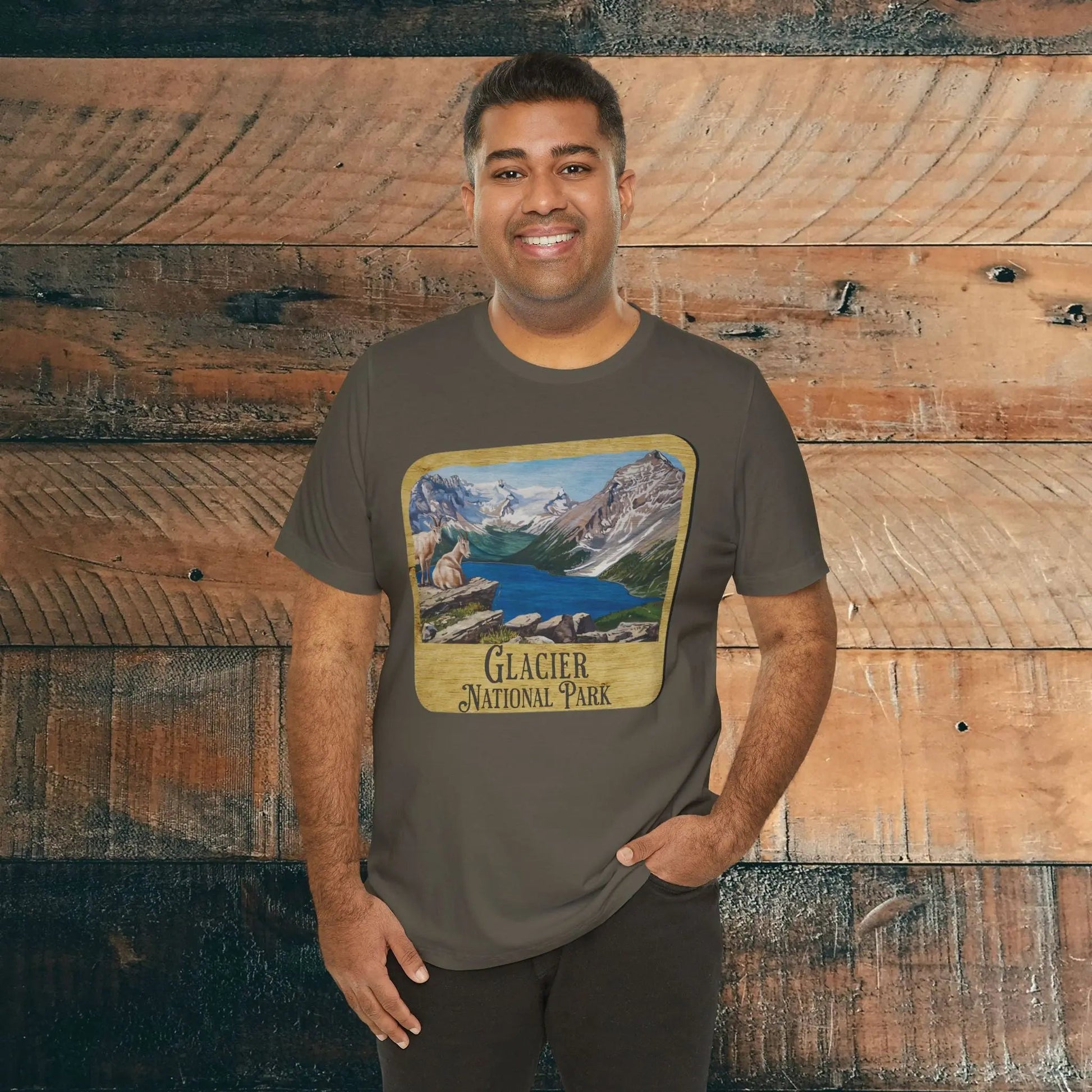 Glacier National Park Unisex Fit Short Sleeve T-Shirt Wood Sign Park Service Apparel