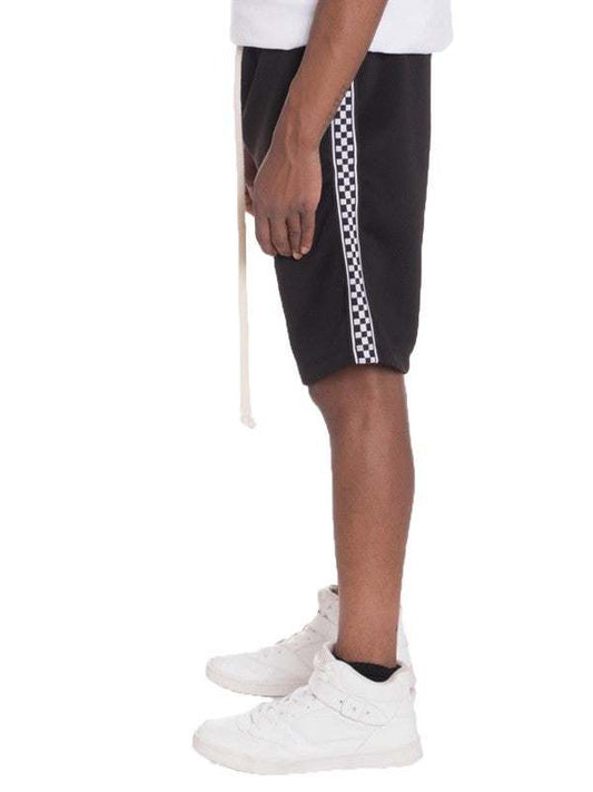 Weiv Mens Checkered Stripe Track Shorts with drawstring elastic waist and standard pockets.