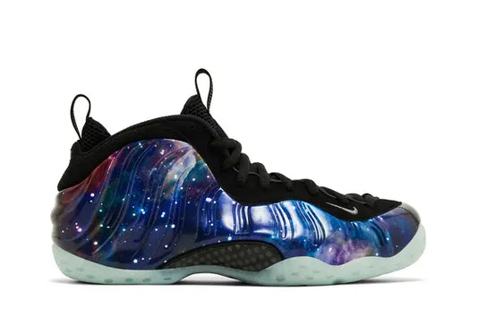 Nike Air Foamposite One 'Galaxy' 2025 sneakers with nebular print design, black accents, and glow-in-the-dark outsole.