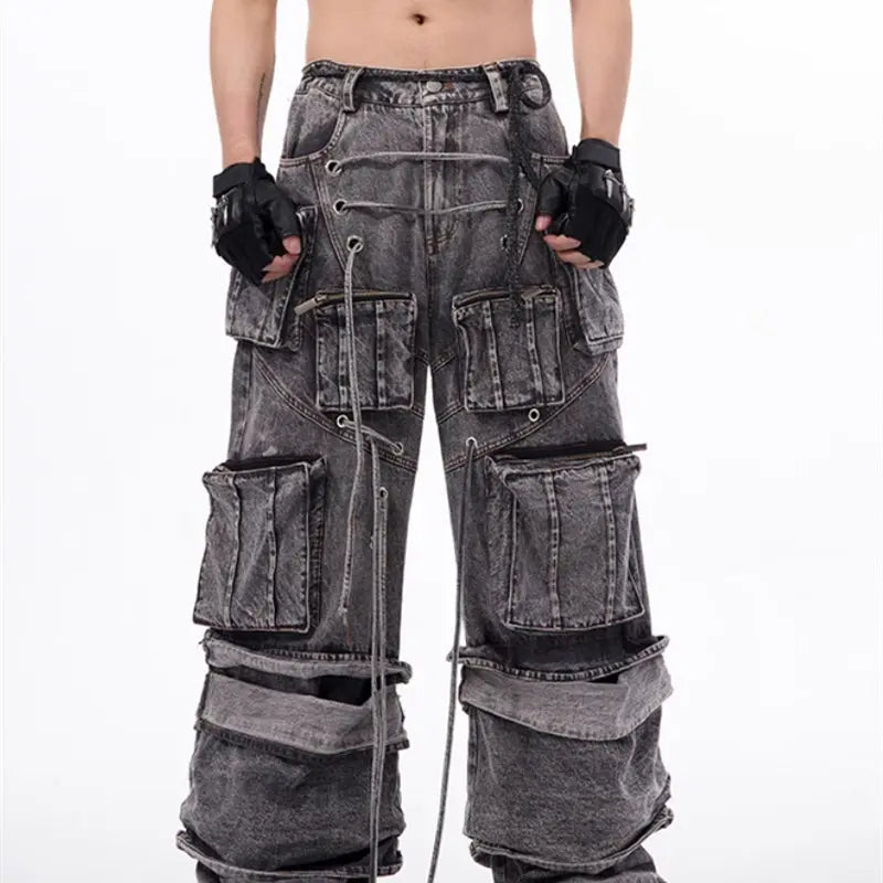 Grey Distressed Denim Cargo Overalls, Rope Stitching Mop Pants, Streetwear Utility Workwear - MENLL