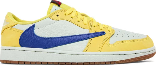 Wmns Air Jordan 1 x Travis Scott Retro Low OG SP 'Canary' sneaker with yellow suede overlays, blue reverse Swoosh, and gum outsole.