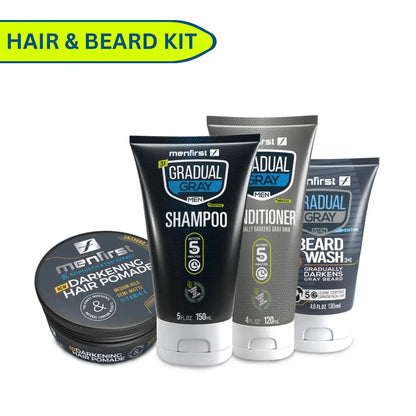 Menfirst Gradual Gray - Good bye Gray Hair - 3-in-1 Shampoo + Conditioner + Beard Wash & Darkening Pomade - 4 Pack Bundle Menfirst