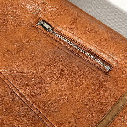 Women's Camel Fleece-Lined Padded Lapel PU Leather Plus Size Coat